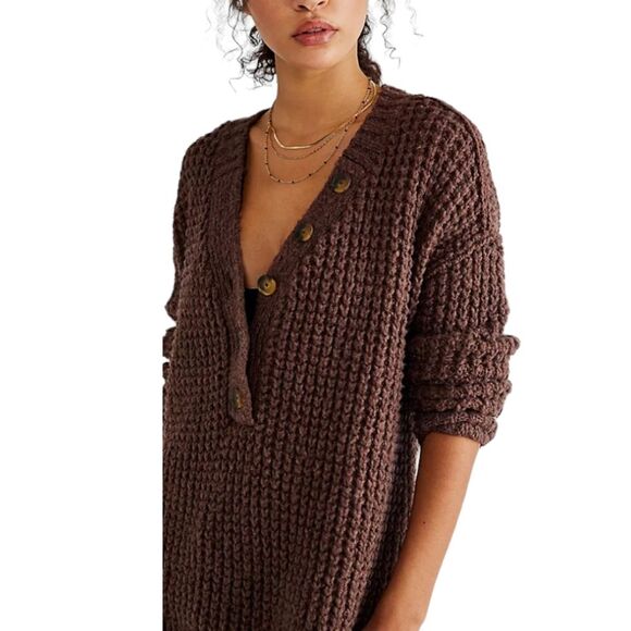 Free People Oversized Whistle Thermal Henley Sweater Brown - Picture 6 of 13